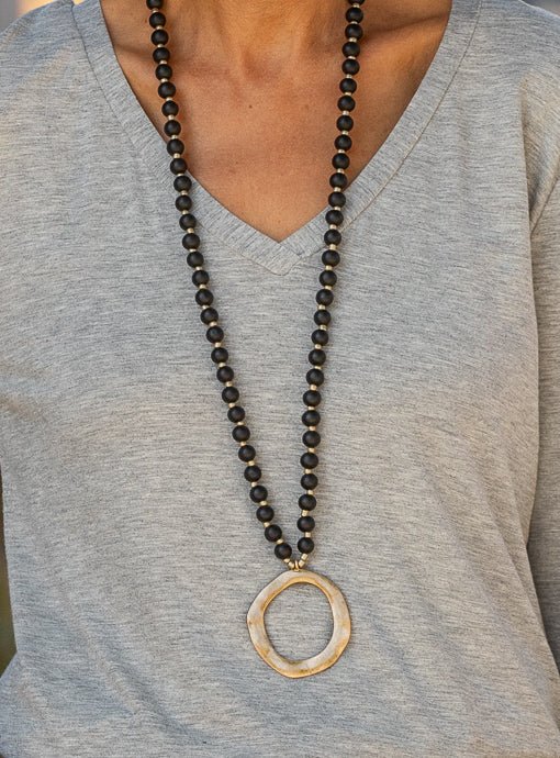 Black and Gold Bead Necklace with Gold Pendant - Just Style LA