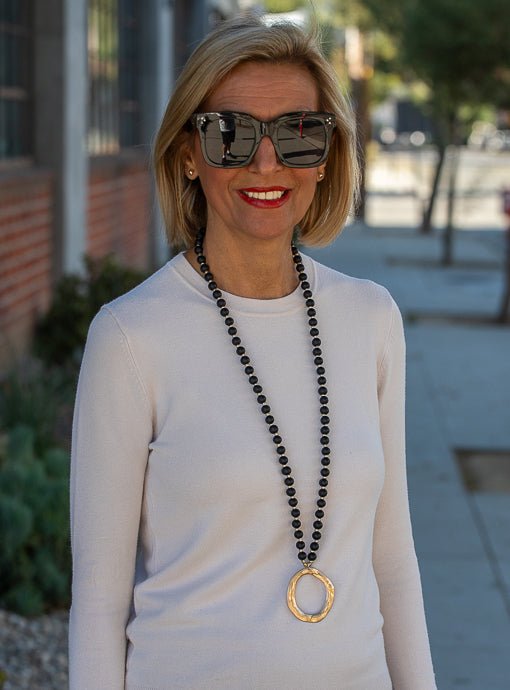 Black and Gold Bead Necklace with Gold Pendant - Just Style LA