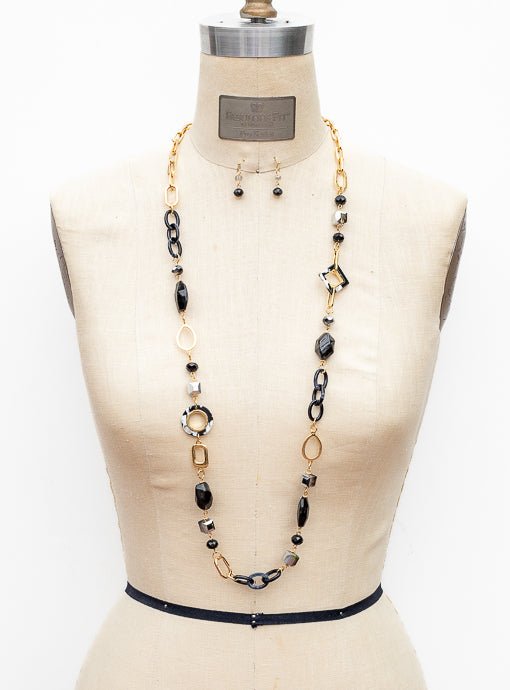 Black Bead And Gold Chain Link Necklace And Earring Set - Just Style LA