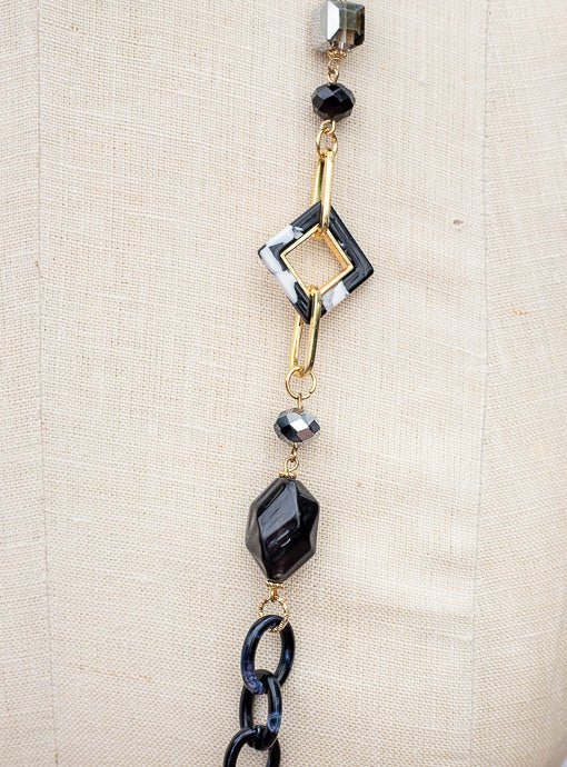 Black Bead And Gold Chain Link Necklace And Earring Set – Just