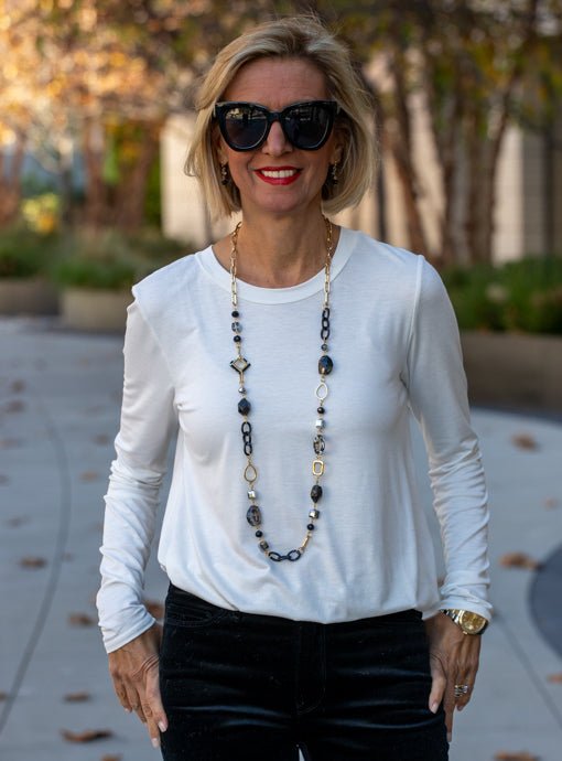 Black Bead And Gold Chain Link Necklace And Earring Set - Just Style LA