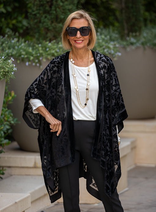 Black Floral Velvet Burnout Kimono With Border - Just Style LA