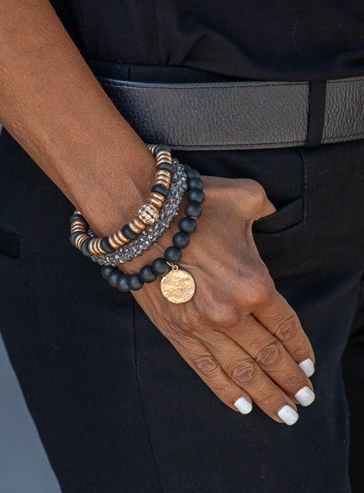 Black Gold Gray Three Piece Bracelet Set With Charm - Just Style LA