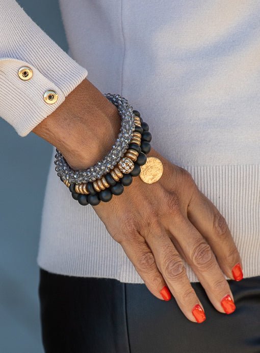 Black Gold Gray Three Piece Bracelet Set With Charm - Just Style LA