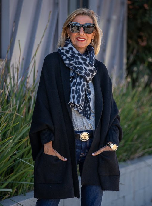 Black Gray Brushed Leopard Print Scarf Shawl - Just Style LA