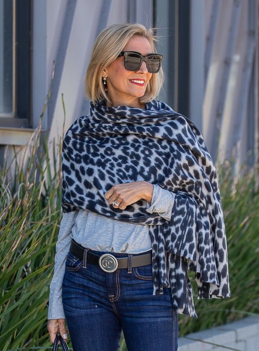 Black Gray Brushed Leopard Print Scarf Shawl - Just Style LA