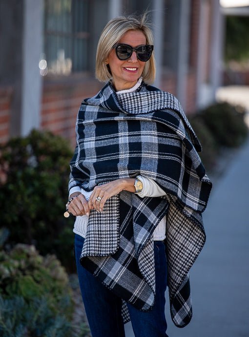 Black Gray Plaid Houndstooth Reversible Poncho - Just Style LA