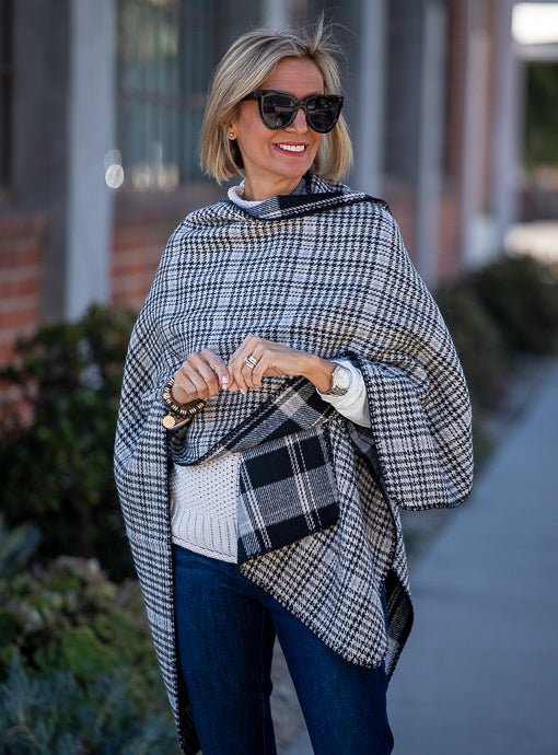 Black Gray Plaid Houndstooth Reversible Poncho - Just Style LA