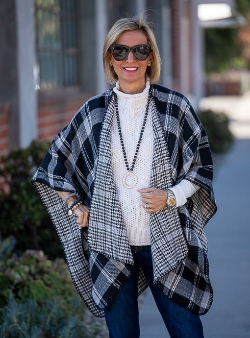 Black Gray Plaid Houndstooth Reversible Poncho - Just Style LA