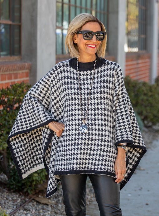 Black Ivory Houndstooth Knit Poncho - Just Style LA