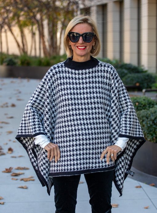 Black Ivory Houndstooth Knit Poncho - Just Style LA