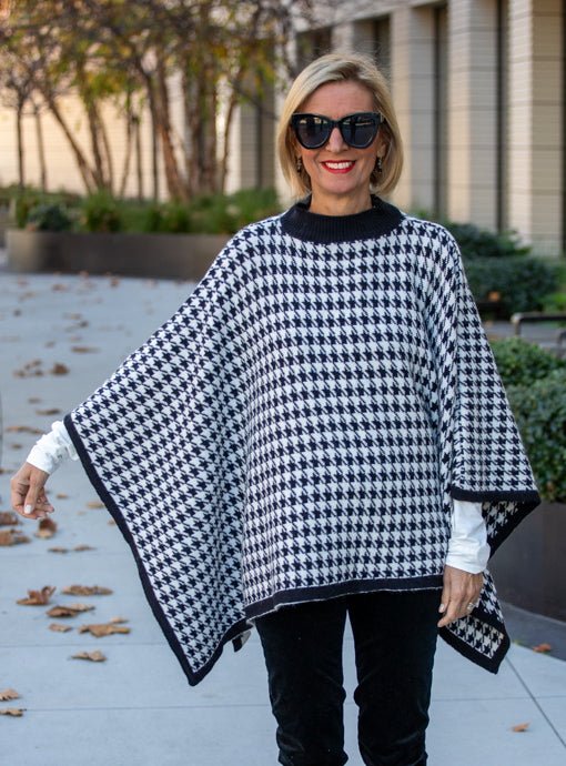 Black Ivory Houndstooth Knit Poncho - Just Style LA