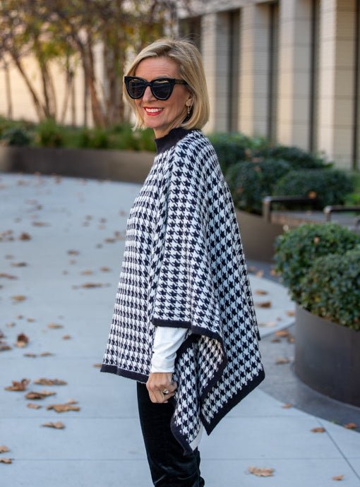 Black Ivory Houndstooth Knit Poncho - Just Style LA