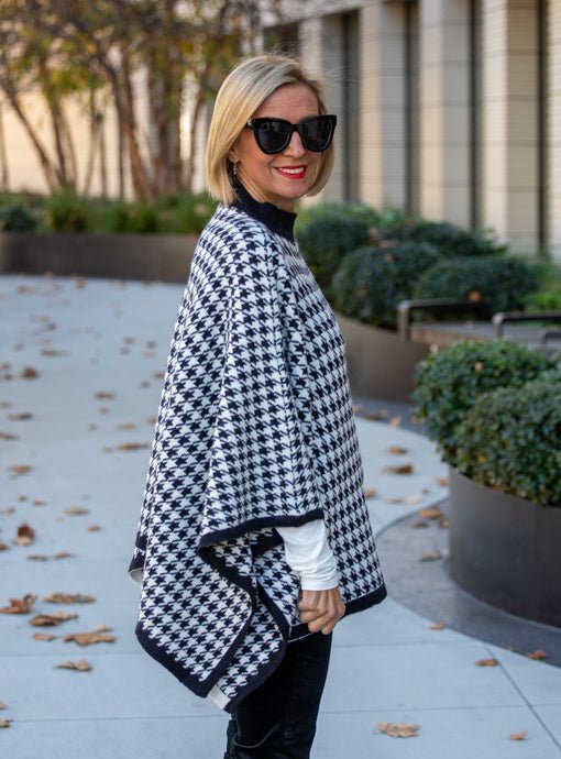 Black Ivory Houndstooth Knit Poncho - Just Style LA