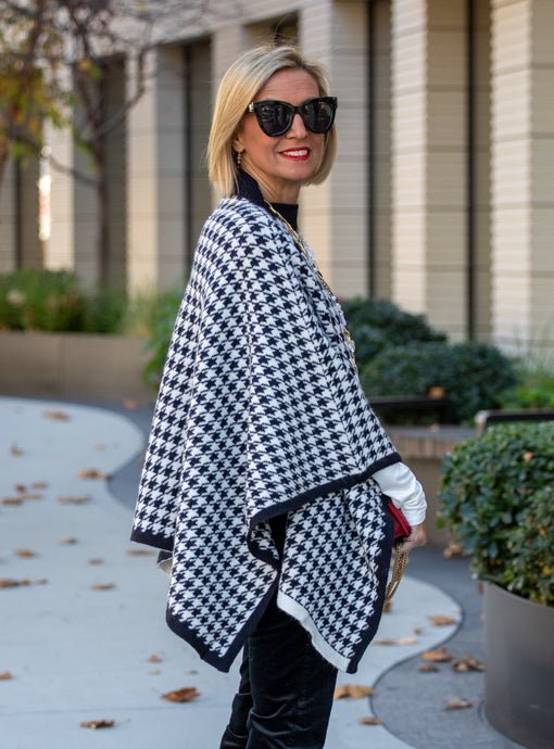 Black Ivory Houndstooth Knit Poncho - Just Style LA