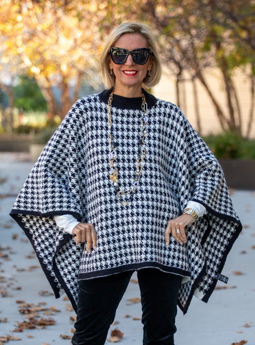 Black Ivory Houndstooth Knit Poncho - Just Style LA