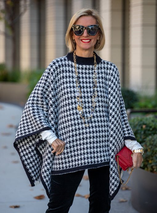 Black Ivory Houndstooth Knit Poncho - Just Style LA