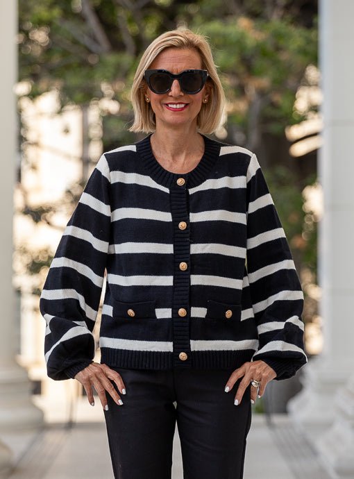 Black Ivory Stripe Knit Cardigan Jacket - Just Style LA