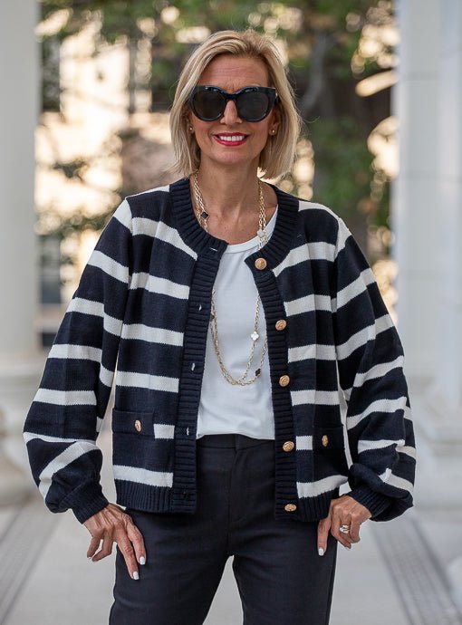 Black Ivory Stripe Knit Cardigan Jacket - Just Style LA