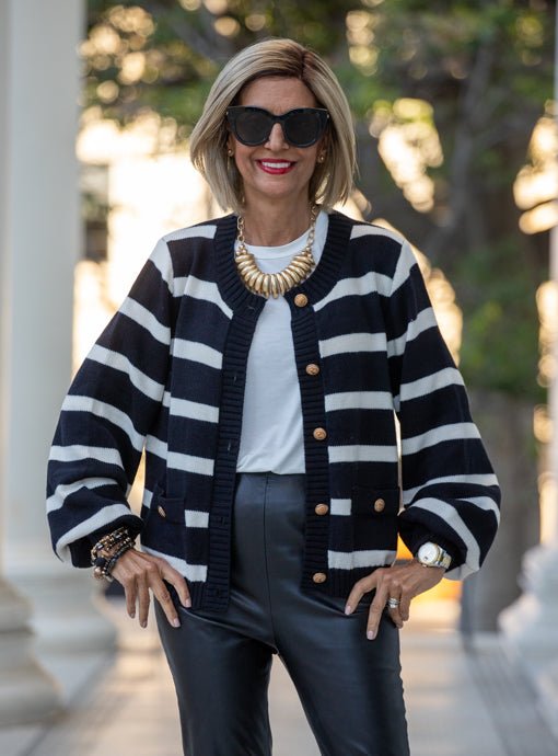 Black Ivory Stripe Knit Cardigan Jacket - Just Style LA