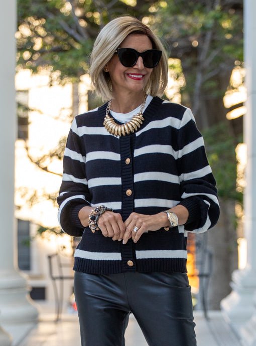 Black Ivory Stripe Knit Cardigan Jacket - Just Style LA
