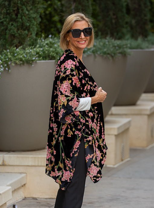 Black Pink Floral Velvet Burnout Kimono - Just Style LA