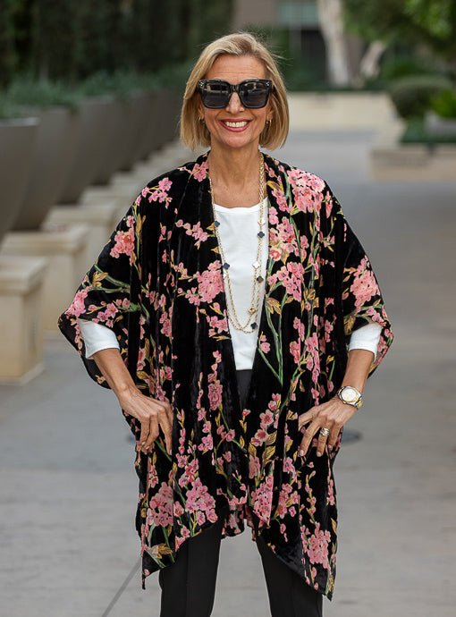 Black Pink Floral Velvet Burnout Kimono - Just Style LA