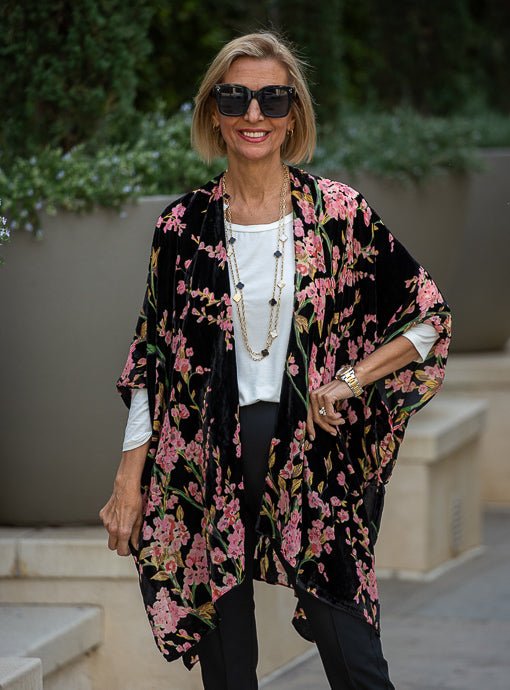 Black Pink Floral Velvet Burnout Kimono - Just Style LA