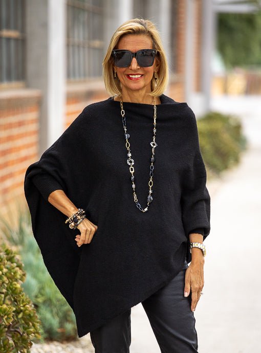 Black Pull On Poncho With Sleeves - Just Style LA