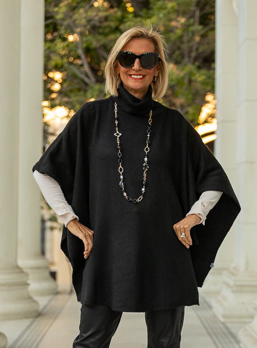 Black Turtleneck Knit Open Side Poncho - Just Style LA