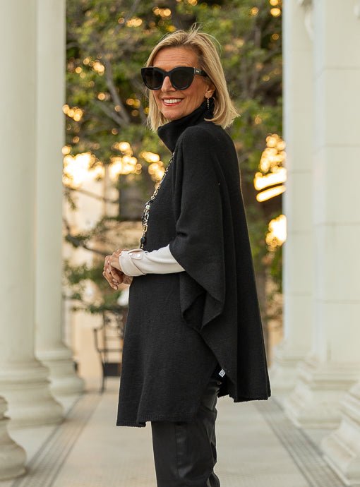 Black Turtleneck Knit Open Side Poncho - Just Style LA