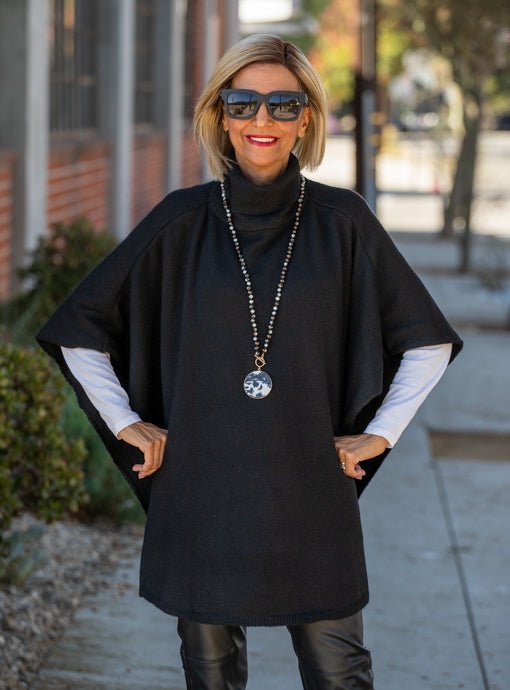 Black Turtleneck Knit Open Side Poncho - Just Style LA