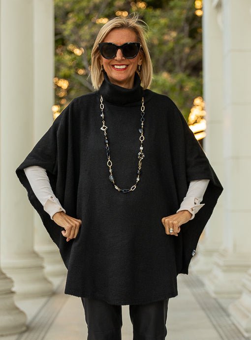 Black Turtleneck Knit Open Side Poncho - Just Style LA