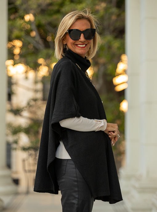 Black Turtleneck Knit Open Side Poncho - Just Style LA