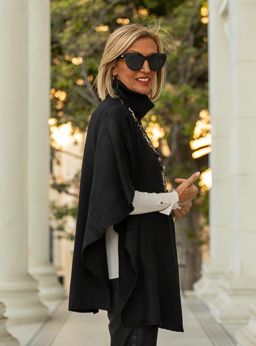 Black Turtleneck Knit Open Side Poncho - Just Style LA