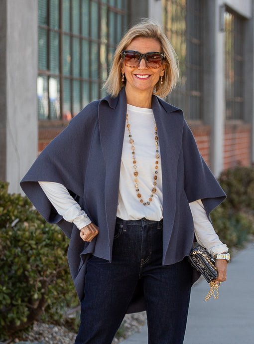 Blue Gray Cocoon Shape Cape Cardigan - Just Style LA