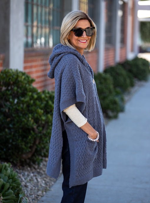 Blue Gray Textured Knit Hooded Poncho Cardigan Vest - Just Style LA