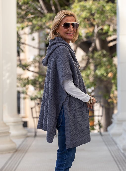 Blue Gray Textured Knit Hooded Poncho Cardigan Vest - Just Style LA