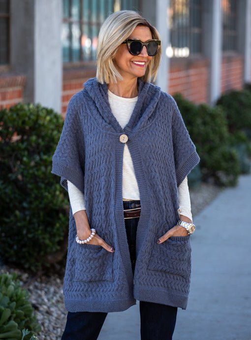 Blue Gray Textured Knit Hooded Poncho Cardigan Vest - Just Style LA