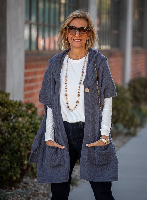 Blue Gray Textured Knit Hooded Poncho Cardigan Vest - Just Style LA