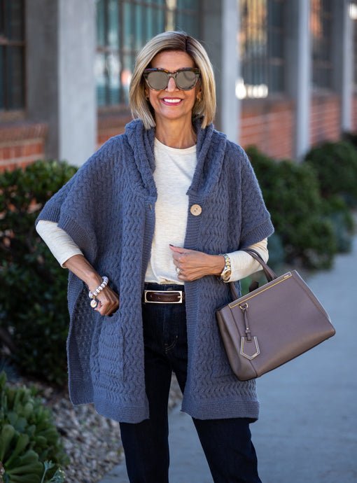 Blue Gray Textured Knit Hooded Poncho Cardigan Vest - Just Style LA
