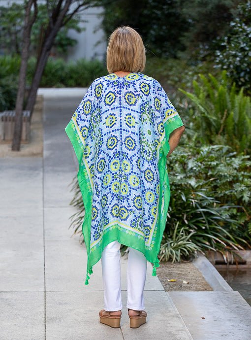 Blue Green Mosaic Border Print Kimono With Tassels - Just Style LA