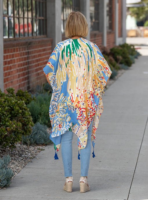 Blue Multi Abstract Print Kimono With Tassels - Just Style LA