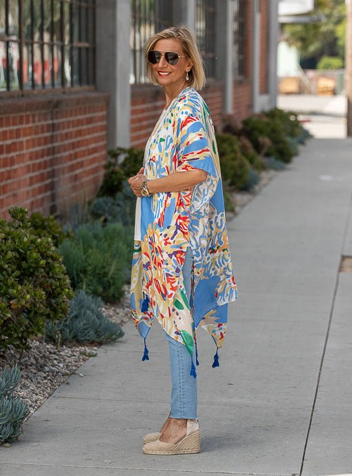 Blue Multi Abstract Print Kimono With Tassels - Just Style LA