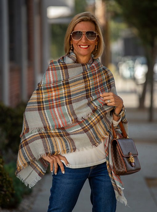 Blue Multi Plaid Square Blanket Scarf Shawl - Main Image