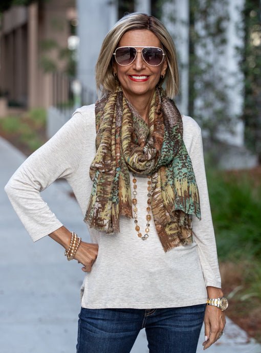 Brown Multi Floral Abstract Print Scarf Shawl - Just Style LA