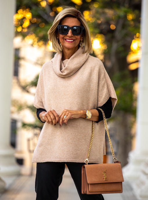 Camel Cowl Neck Knit Sweater Vest - Just Style LA