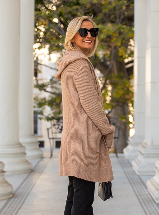 Camel Long Hooded Cardigan With Pockets - Just Style LA