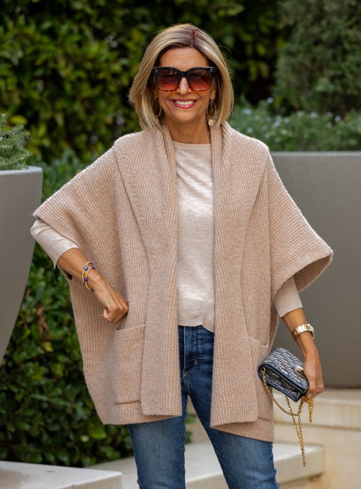 Camel Textured Shawl Collar Cape Cardigan With Pockets - Just Style LA