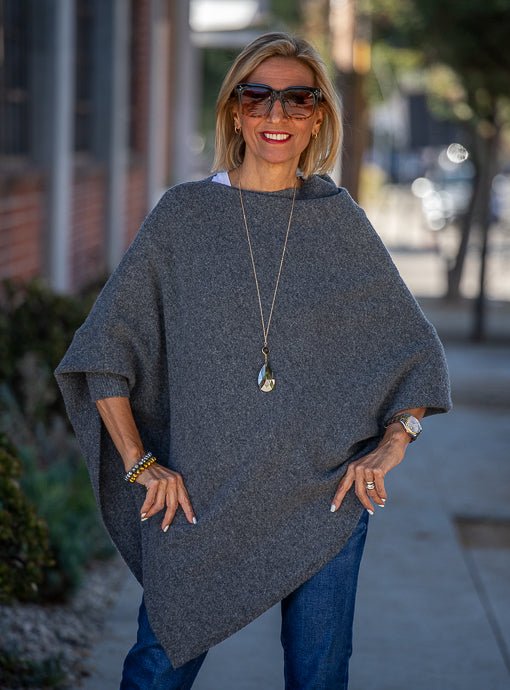 Charcoal Pull On Poncho With Sleeves - Just Style LA